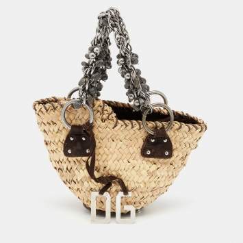 Pre Owned Dolce & Gabbana Beige/Brown Straw And Suede Metal Charm Handle Tote