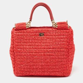 Pre Owned Dolce & Gabbana Red Woven Straw Medium Miss Sicily Tote