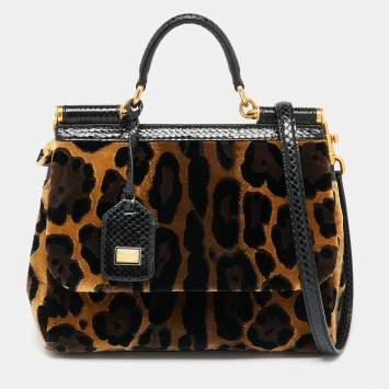 Pre Owned Dolce & Gabbana Black/Brown Leopard Print Velvet Medium Miss Sicily Top Handle Bag