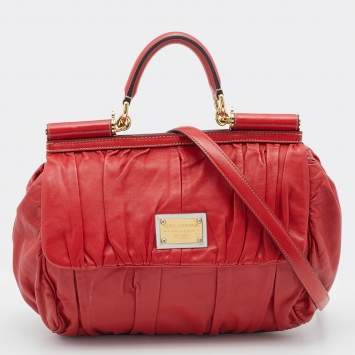 Pre Owned Dolce & Gabbana Red Pleated Leather Large Miss Sicily Top Handle Bag