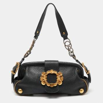 Pre Owned Dolce & Gabbana Black Leather Buckle Detailing Flap Baguette