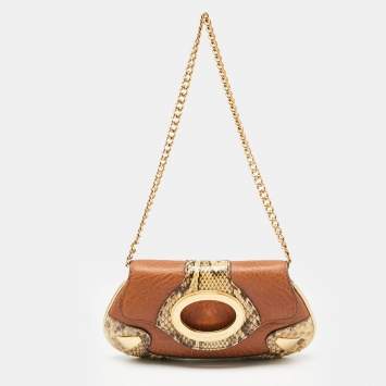 Pre Owned Dolce & Gabbana Brown/Beige Leather and Water Snake Chain Pochette