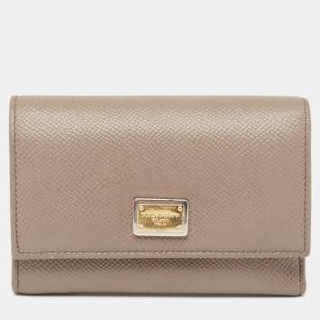 Pre Owned Dolce & Gabbana Taupe Leather Trifold Wallet