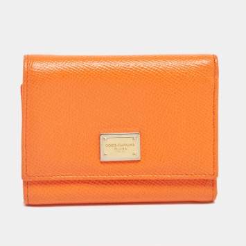 Pre Owned Dolce & Gabbana Orange Leather Trifold Compact Wallet