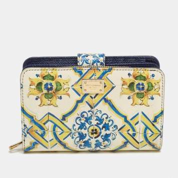 Pre Owned Dolce & Gabbana Multicolor Majolica Print Leather French Wallet