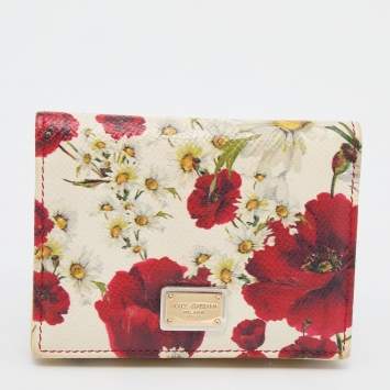 Pre Owned Dolce & Gabbana White Floral Print Leather Flap Card Case