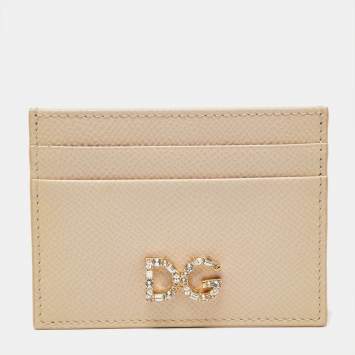 Pre Owned Dolce & Gabbana Beige Leather DG Crystal Logo Card Holder