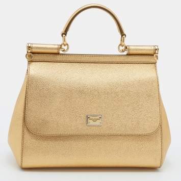 Pre Owned Dolce & Gabbana Metallic Gold Leather Medium Miss Sicily Top Handle Bag