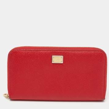 Pre Owned Dolce & Gabbana Red Leather Zip Around Wallet