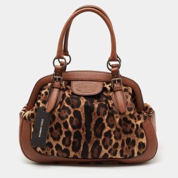 Pre Owned Dolce and Gabbana Brown Leopard Print Canvas and Leather Frame Satchel