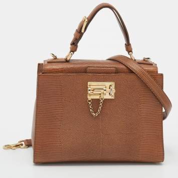 Pre Owned Dolce & Gabbana Brown Lizard Embossed Leather Miss Monica Top Handle Bag