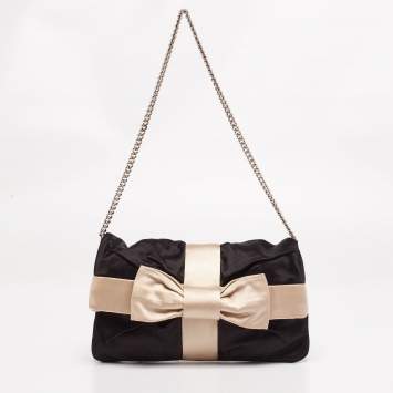 Pre Owned Dolce and Gabbana Black/Beige Satin Bow Chain Clutch