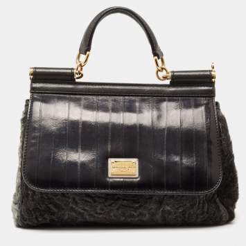 Pre Owned Dolce & Gabbana Eel Leather and Chinchilla Fur Medium Miss Sicily Top Handle Bag