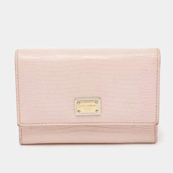 Pre Owned Dolce & Gabbana Pink Lizard Embossed Leather Trifold Wallet