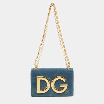 Pre Owned Dolce & Gabbana Blue Velvet and Lizard Embossed Leather DG Girls Shoulder Bag