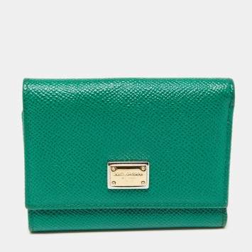 Pre Owned Dolce & Gabbana Green Leather Logo Trifold Compact Wallet