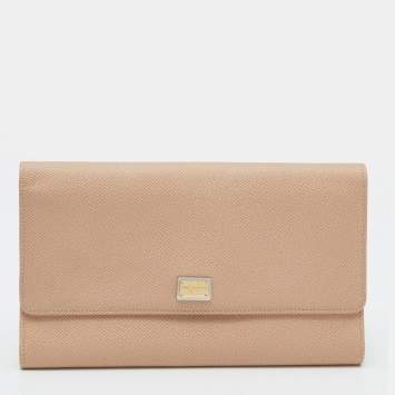 Pre Owned Dolce & Gabbana Beige Leather Long Trifold Wallet