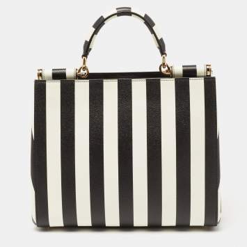 Pre Owned Dolce & Gabanna Black/White Striped Dauphine Leather Sicily Top Handle Bag
