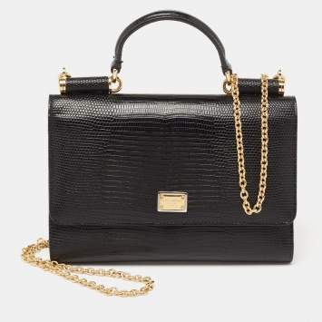 Pre Owned Dolce & Gabbana Black Lizard Embossed Leather Miss Sicily Von Wallet on Chain