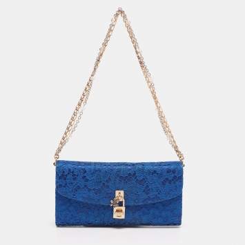 Pre Owned Dolce & Gabbana Royal Blue Lace and Satin Padlock Chain Clutch