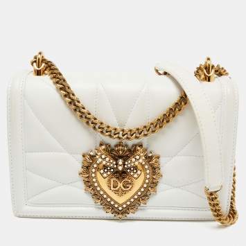 Pre Owned Dolce & Gabbana White Leather Medium Devotion Mordore Shoulder Bag