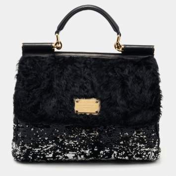 Pre Owned Dolce & Gabbana Black/Silver Sequin, Leather and Shearling Miss Sicily Top Handle Bag