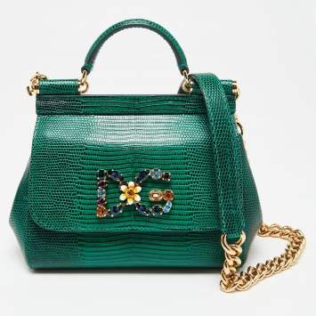 Pre Owned Dolce & Gabbana Green Iguana Embossed Leather Crystal DG Logo Mini Miss Sicily Bag