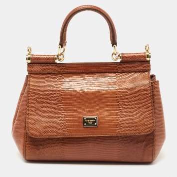 Pre Owned Dolce & Gabbana Brown Iguana Embossed Leather Small Miss Sicily Top Handle Bag