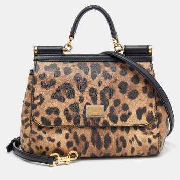 Pre Owned Dolce & Gabbana Black/Beige Leopard Print Coated Canvas And Leather Medium Sicily Top Handle Bag