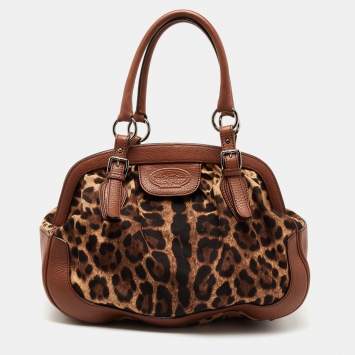 مملوكة مسبقًا Dolce & Gabbana Brown Leopard Print Canvas and Leather Animalier Zip Satchel