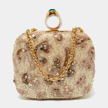Pre Owned Dolce & Gabbana Beige Satin and Sequins Crystal Embellished Ring Frame Chain Clutch