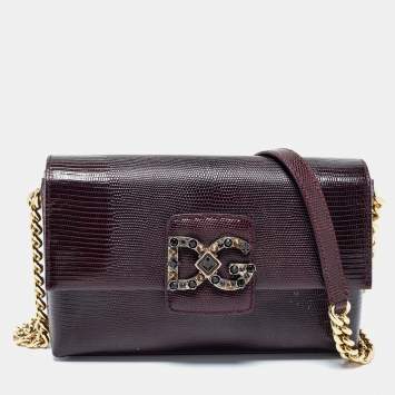 Pre Owned Dolce & Gabbana Burgundy Iguana Embossed Leather DG Millennials Shoulder Bag