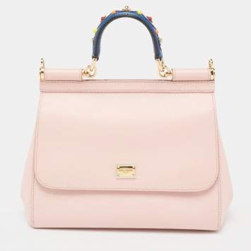 Pre Owned Dolce & Gabbana Light Pink Leather Medium Miss Sicily Studded Top Handle Bag