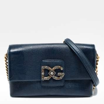 Pre Owned Dolce & Gabbana Navy Blue Iguana Embossed Leather DG Millennials Shoulder Bag 