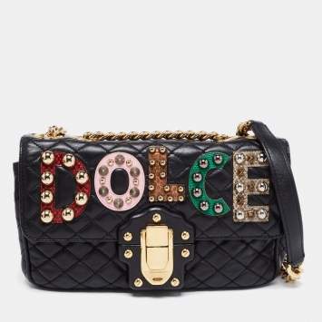 Pre Owned Dolce & Gabbana Black Quilted Leather Lucia Embellished Shoulder Bag