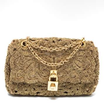 Pre Owned Dolce & Gabbana Gold Lurex Fabric Padlock Shoulder Bag