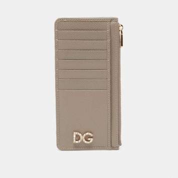 Pre Owned Dolce & Gabbana Beige Leather Crystal Embellished Logo Zipped Card Holder