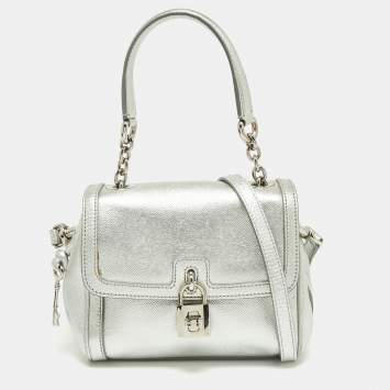 Pre Owned Dolce & Gabbana Metallic Silver Leather Padlock Shoulder Bag