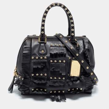 Pre Owned Dolce & Gabbana Black Leather Fringed Studded Satchel