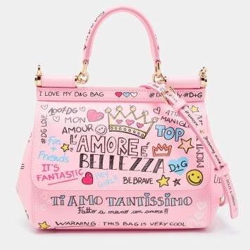 Pre Owned Dolce & Gabbana Pink Printed Leather Small Miss Sicily Top Handle Bag