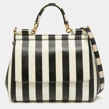 Pre Owned Dolce & Gabbana Black/White Striped Leather Medium Miss Sicily Top Handle Bag