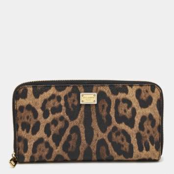 Pre Owned Dolce & Gabbana Beige/Brown Leopard Print Coated Canvas Zip Around Wallet