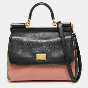 Pre Owned Dolce & Gabbana Black/Beige Leather Medium Miss Sicily Top Handle Bag