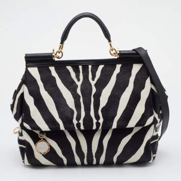 Pre Owned Dolce & Gabbana Black/White Zebra Print Calf Hair And Leather Large Miss Sicily Top Handle Bag