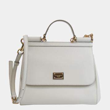 Pre Owned Dolce & Gabbana White Leather Sicily Medium Satchel Bag 