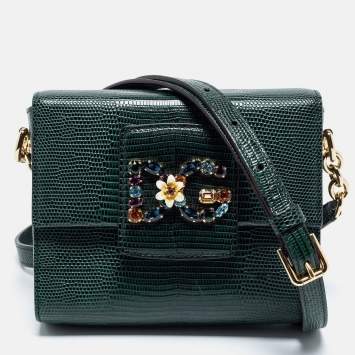 Pre Owned Dolce & Gabbana Green Iguana Embossed Leather Mini DG Millennials Bag