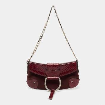مملوكة مسبقًا Dolce & Gabbana Burgundy Suede and Snakeskin D Ring Crystal Embellished Chain Clutch
