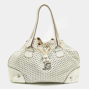 Pre Owned Dolce & Gabbana White Perforated Leather Drawstring Shoulder Bag