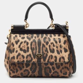 Pre Owned Dolce & Gabbana Black/Beige Leopard Print Coated Canvas and Leather Small Miss Sicily Top Handle Bag