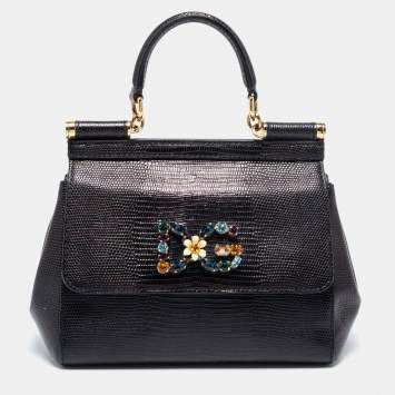 Pre Owned Dolce & Gabbana Black Leather Small Embellished Miss Sicily Top Handle Bag
